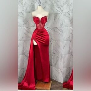 Red Bustier Slit Prom Gown